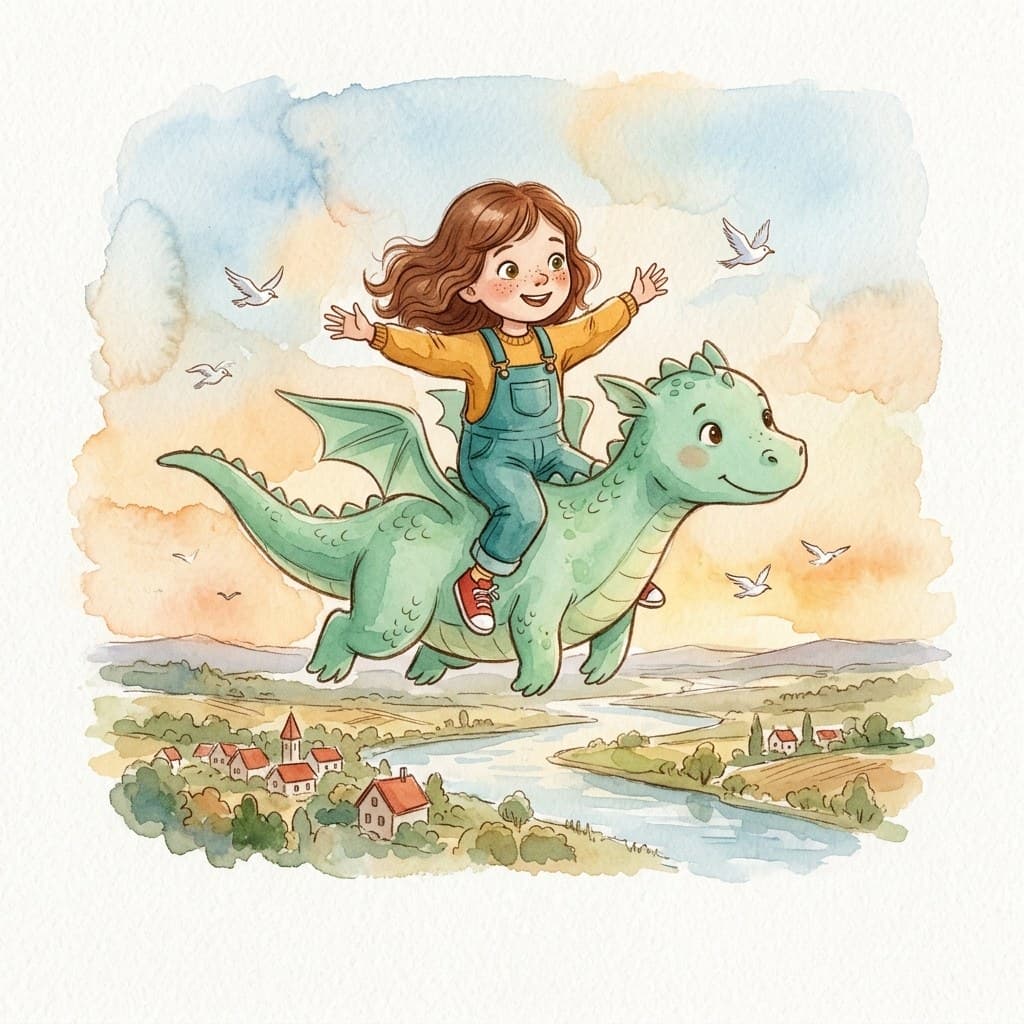 Ukázka ilustrace — Ema letí na drakovi, styl akvarel