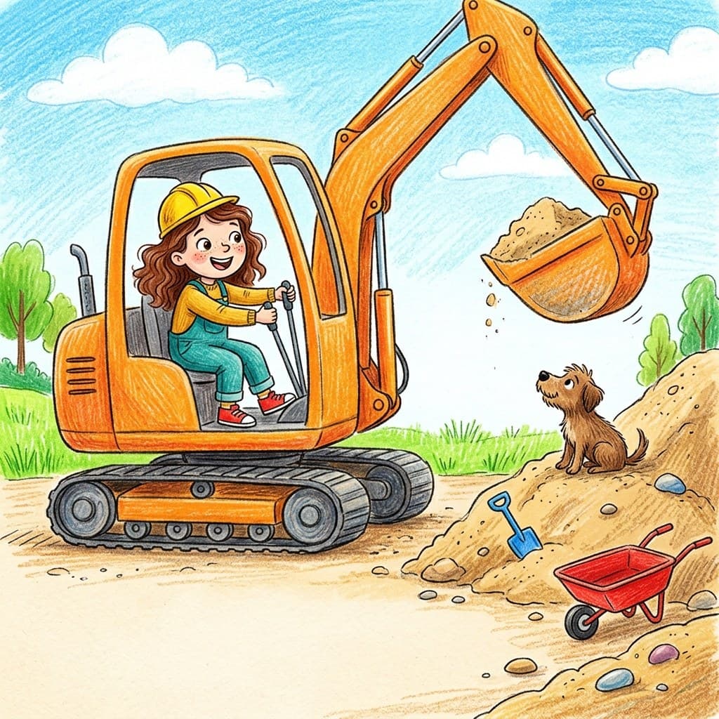 Ukázka ilustrace — Ema řídí bagr, styl pastelky